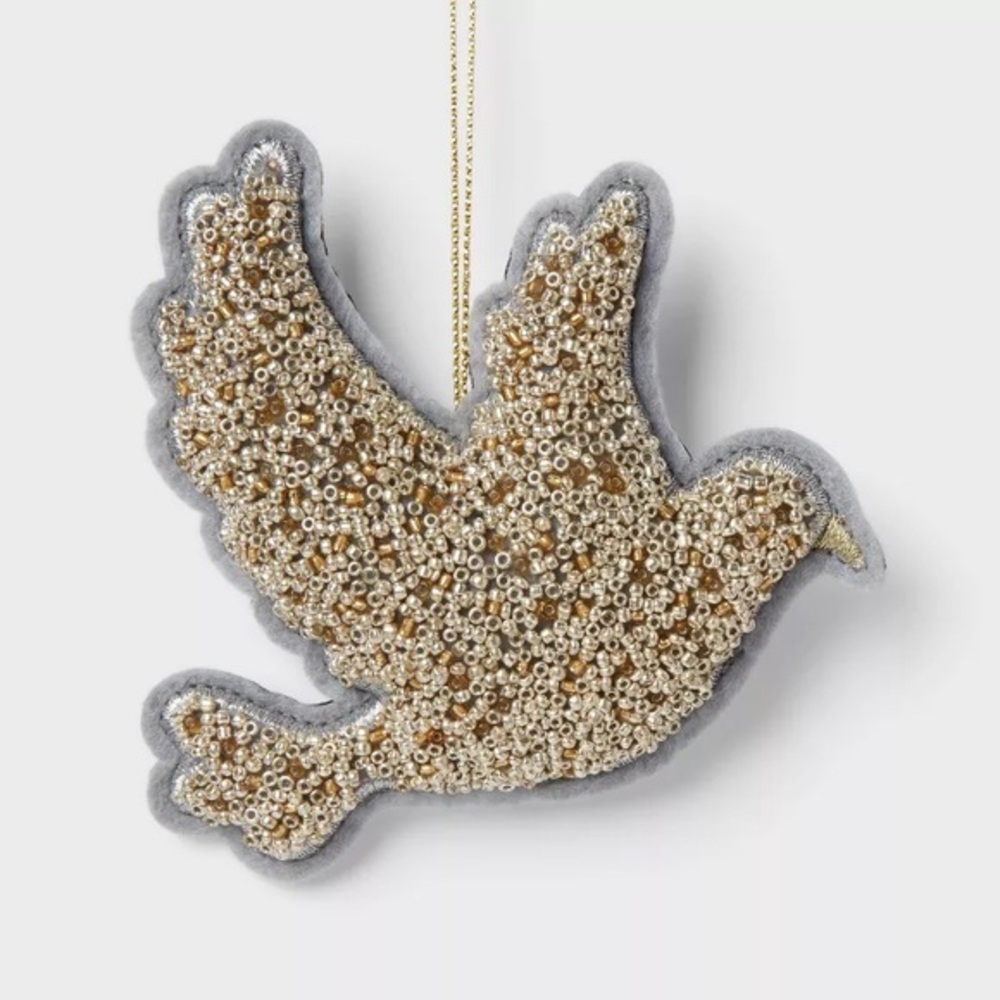 Beaded Fabric Dove Christmas Tree Ornament White/Silver nwt